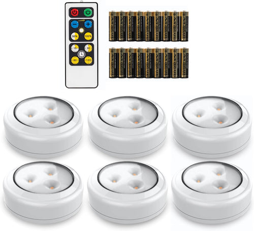 Stick On Push Lights - 6 Pack Remote Controlled LED Lights Under Cabinets - DIY Stick On Lights for Closet, Counter, Kitchen - Battery Operated Puck Lighting with Remote