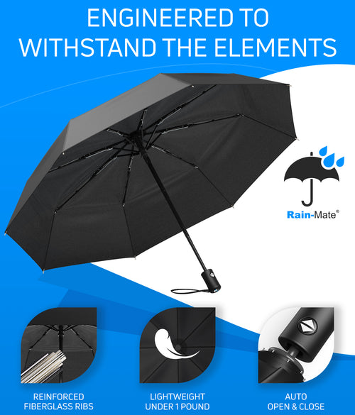 Rain-Mate Compact Travel Stick Umbrella - Portable Folding Windproof Umbrella - Auto Open & Close Button