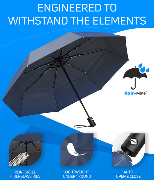 Rain-Mate Compact Travel Stick Umbrella - Portable Folding Windproof Umbrella - Auto Open & Close Button