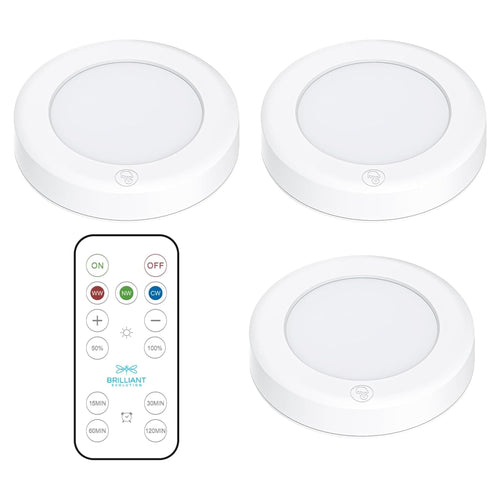 Brilliant Evolution Wireless LED Puck Light 3 Pack - Works with Remote Control - Under Cabinet, Closet Light - Battery Powered - Under Counter Lighting - Stick On Lights