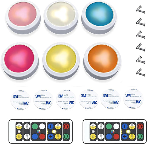 6-Pack Wireless RGB LED Lights - Battery Operated Puck Lights with 2 Remotes - Color-Changing LED Under Cabinet Lighting - 55 Lumens Each Night Light for Cabinets, Shelves, Walls