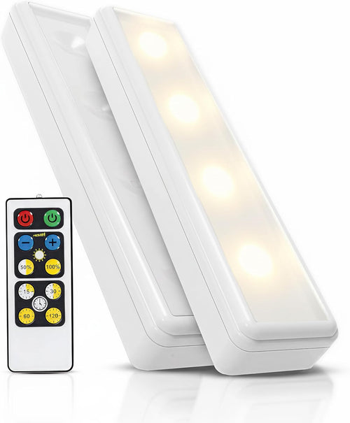 Stick On Touch Wireless Lights with Remote - 8.5"L Battery-Powered LED Under Cabinet Lighting for Kitchen, Closet, Pantry - 2 Pack Easy Install and Adjustable Brightness, 80 Lumens