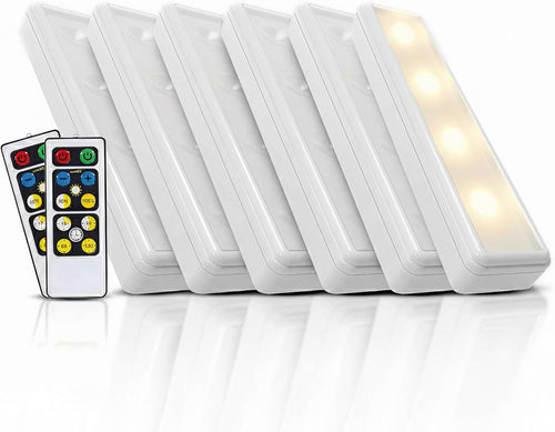 Wireless LED Under Counter Lights with 2 Remote Controls - 6-Pack Battery Operated Under Cabinet Lighting Fixtures - Stick On Push Lights with Timer - Warm White, 8.5" x 2" x 0.6"