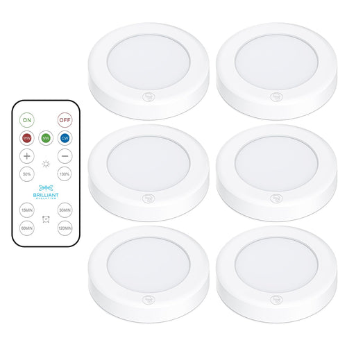 Brilliant Evolution LED Tap Light Push Lights with Remote - 6-Pack Battery Operated Under Cabinet Lights - Stick On Puck Lights for Kitchen, Closet, and Night Lighting - Wireless Warm White, 55 Lumens
