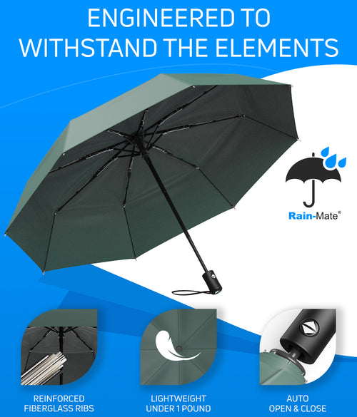 Rain-Mate Compact Travel Stick Umbrella - Portable Folding Windproof Umbrella - Auto Open & Close Button