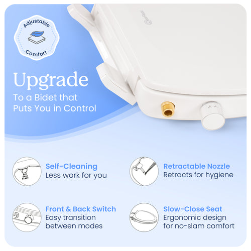 CLEAR REAR Bidet Attachment for Toilet Seat - Non-Electric, Self-Cleaning Dual Nozzle, Adjustable Water Pressure, Rear & Feminine Wash, Toilet Bidet Hygienic Bathroom Upgrade (White)
