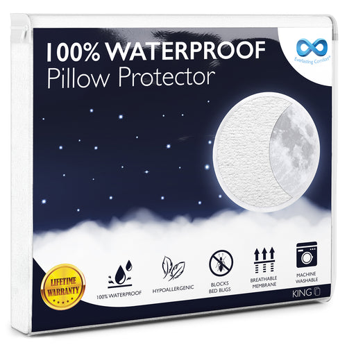 Everlasting comfort 100% Waterproof Pillow Protector king box: lifetime warranty, 100% waterproof, hypoallergenic, blocks bedbugs, breathable membrane, machine washable